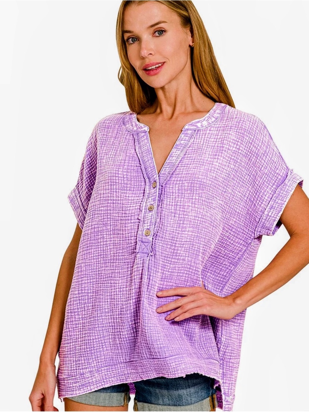 Zenana Outfitters Lavender Gauze Button-Front Tunic